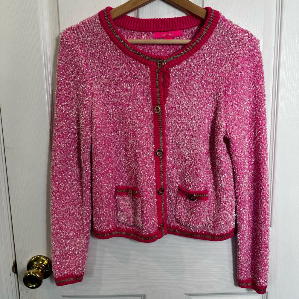 Lilly Pulitzer Kemsley Cardigan Pink Isle Tweed Texture Size Large Gold Trim